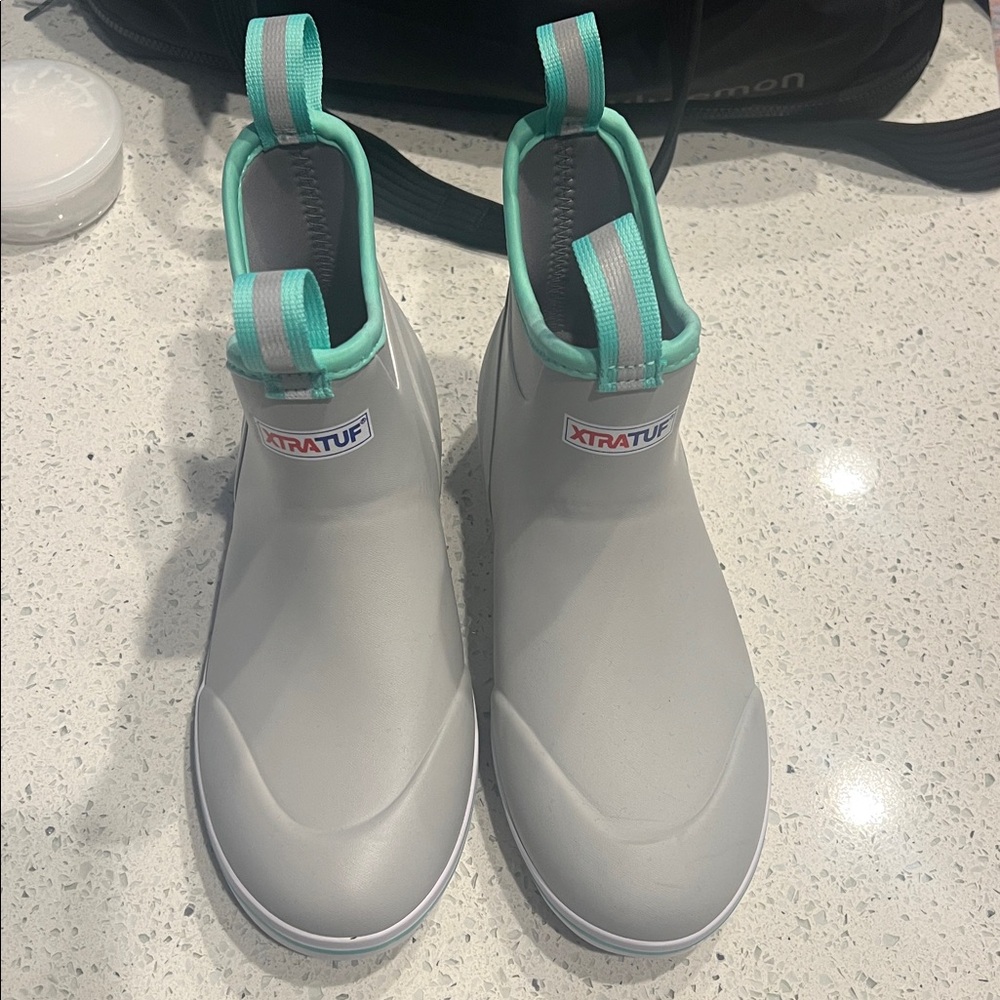 XTRATUF Gray Ankle Boots with Teal Accents